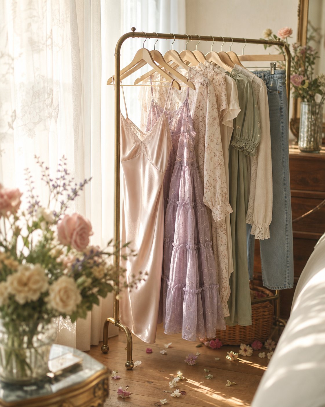 a rack of blush, cream and sage vintage pieces in soft morning light
